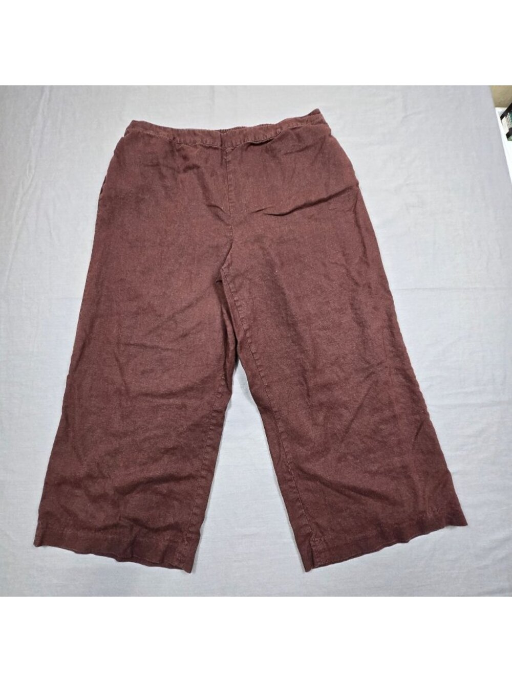 Coldwater Creek L Wide Leg Linen Blend Cropped Pants Elastic Waist Brown Relaxed